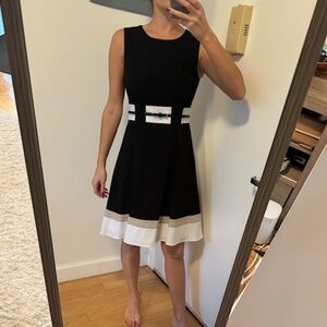 Calvin Klein Black, White and Cream Work Dress with Detachable Belt